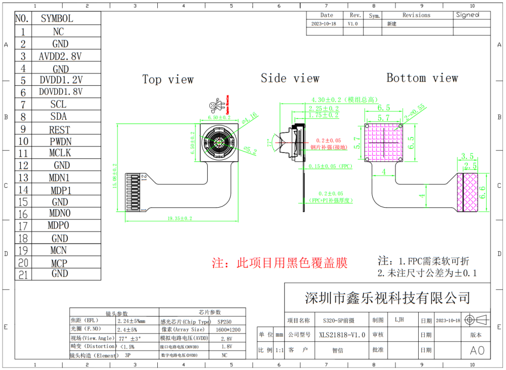 SP250 2mp FOV100 mipi Camera Module structure SP250 2mp FOV100 mipi Camera Module structure